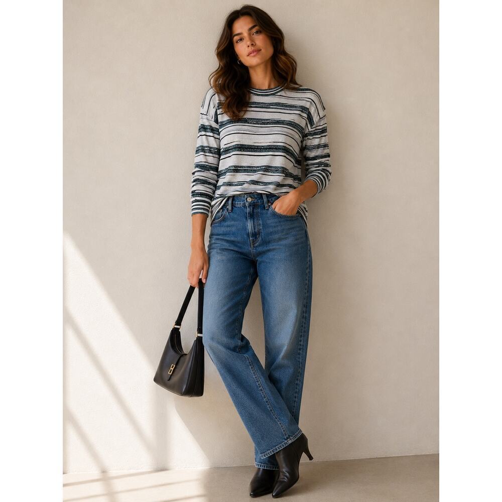 Ann Taylor Striped Long Sleeve Crew Neck Sweater Gray Green Metallic Large NWT